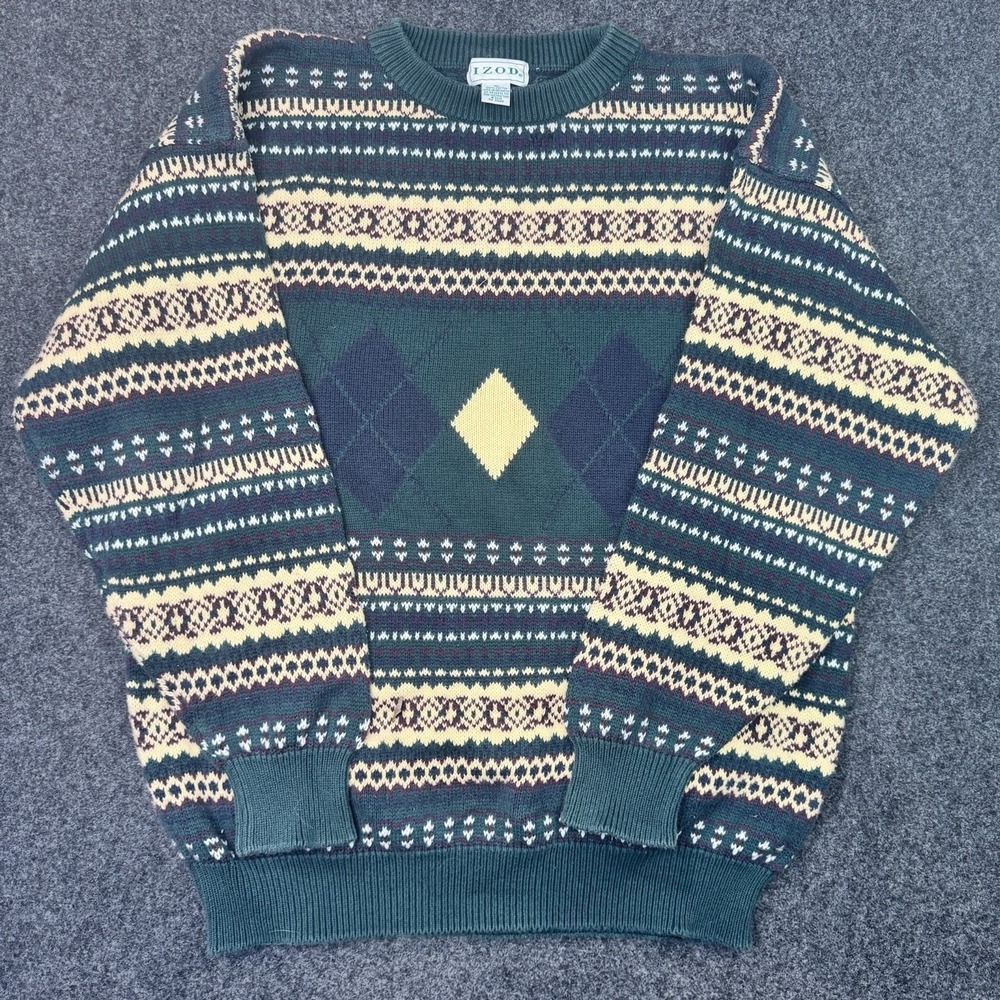 Vintage IZOD Mens XL Fair Isle Argyle Sweater Green Cotton Grandpa Preppy Knit